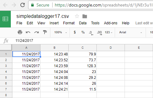 File generated by Simple Data Logger opened in Google Docs Sheet