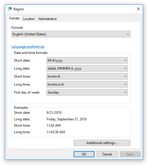 Region formats in Windows