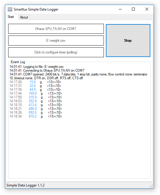 Weight values recorded in Simple Data Logger