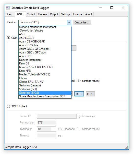 Simple Data Logger software input tab with Sartorius (SICS) device profile selected