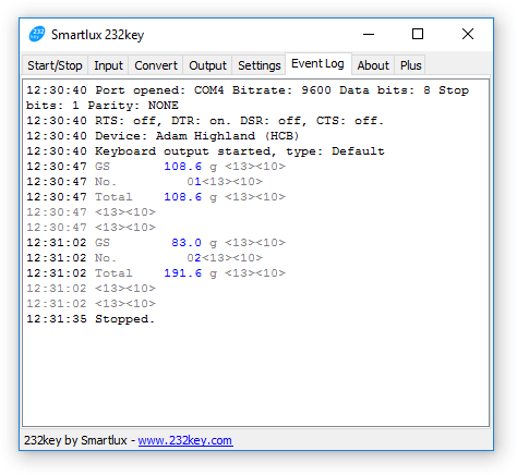 232key event log showing unwanted values being captured from balance (No. and Total accumulated weight)