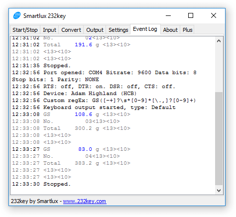 232key event log showing only the weight being captured