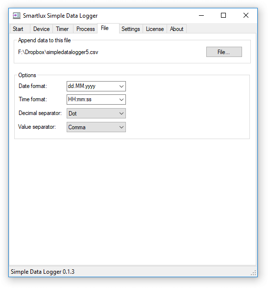 Simple Data Logger File tab