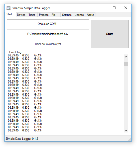 Simple Data Logger Start tab