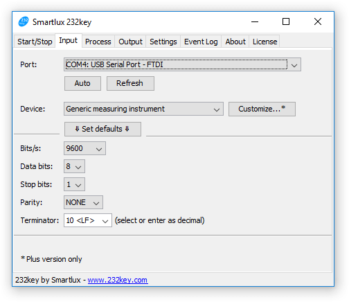 Input tab in 232key with COM port and interface parameters