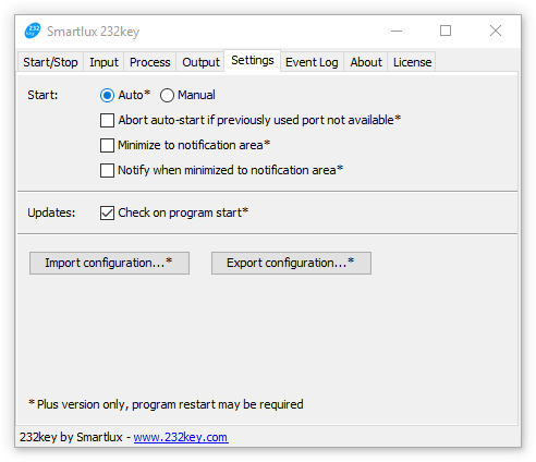 Settings tab in 232key Plus